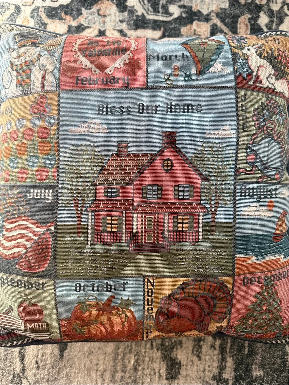 VTG tapestry Bless Our Home All Seasons Throw Pillow - Home Holiday Granny Core
